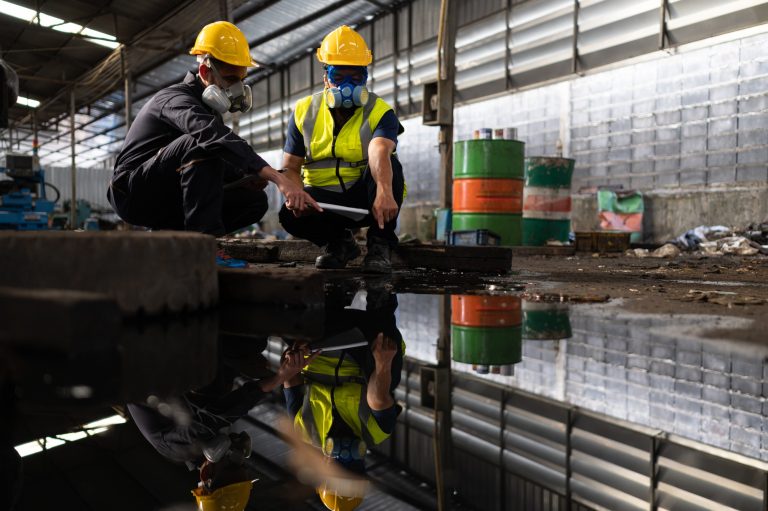 Scientists and government officials Inspect and collect chemical leak samples in industrial sites.