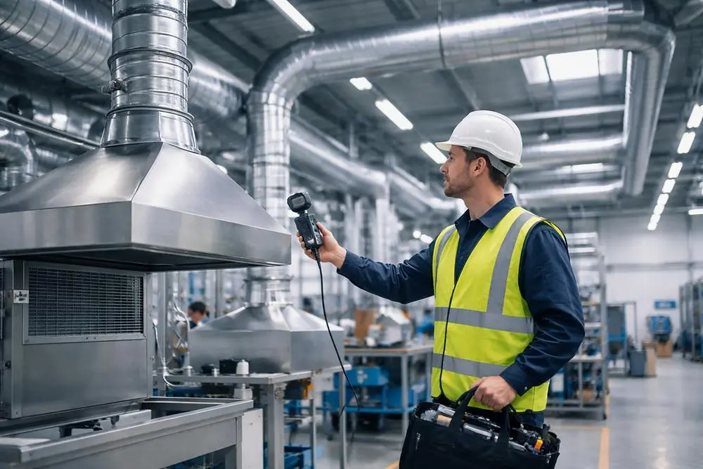 Industrial air quality monitoring of a ventilation system using professional testing equipment by Ask Environmental.